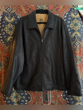 Men's Black Leather Bomber Jacket with Zip Closure